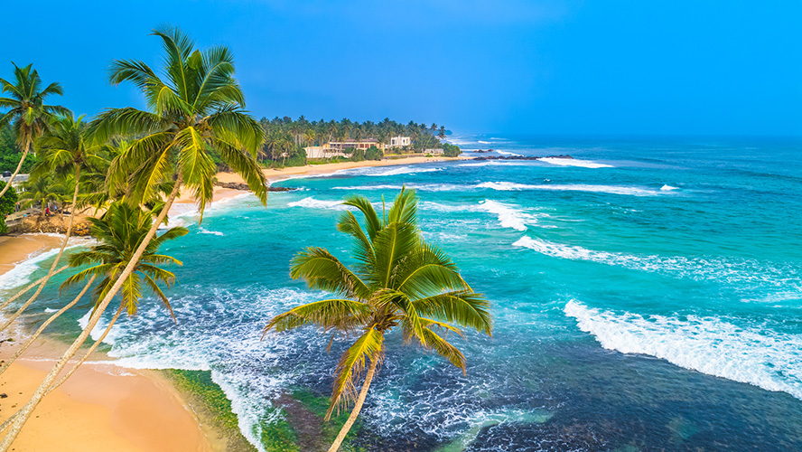 Turquoise Indian Ocean waves and golden palm-fringed beach in Southern Sri Lanka